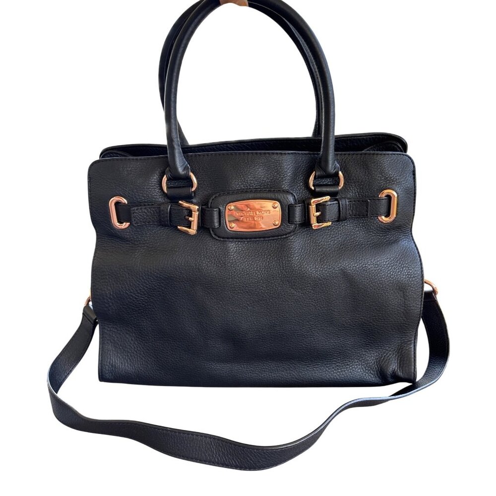 Michael Kors MK Hamilton Tote‎ Handbag Purse Black Pebbled Leather